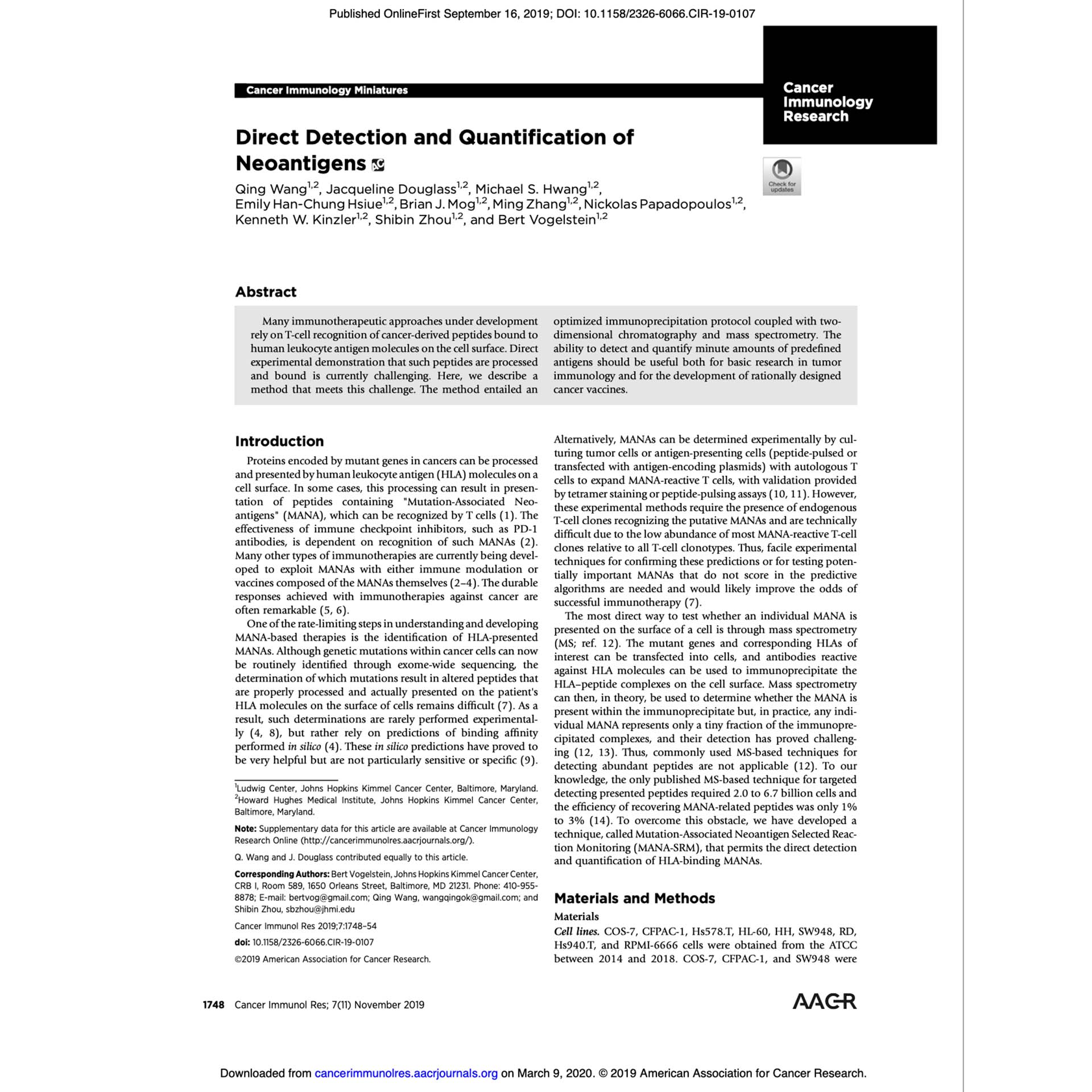 <h3>First Direct Detection of Cancer Neoantigens: The Prototype of Valid-NEO</h3> <p>   <em><strong>Cancer Immunology Research</strong></em>. 2019 Nov; 7(11): 1748–1754.<br>   Direct detection and quantification of tumor neoantigens using mass spectrometry-based immunopeptidomics, establishing the prototype of the Valid-NEO platform. </p>