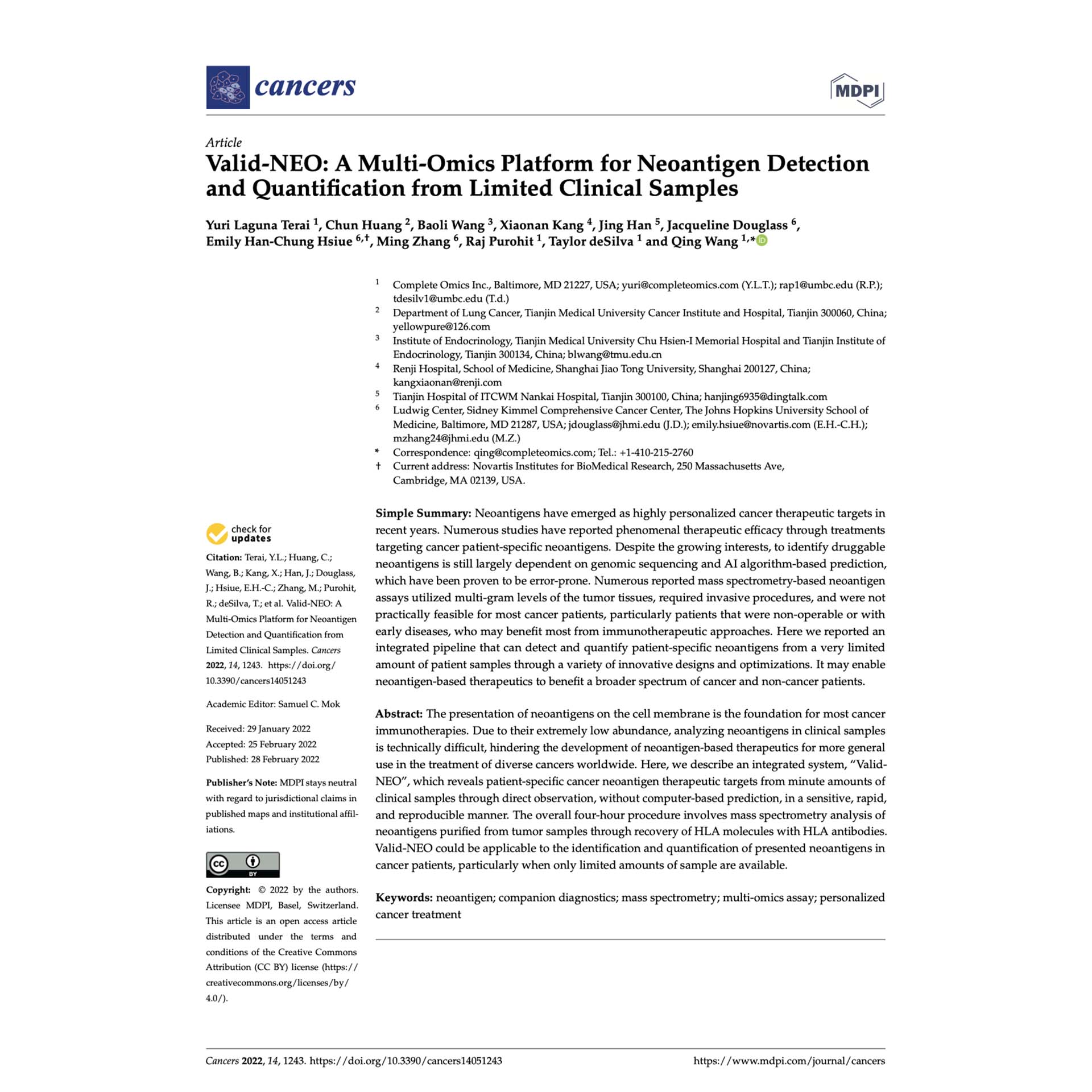 <h3>Prediction-Free, Totally Data-Driven Neoantigen Discovery: The Valid-NEO Platform</h3> <p>   <em><strong>Cancers</strong></em>. 2022 Feb 28; 14(5): 1243.<br>   Valid-NEO: A multi-omics platform enabling highly sensitive neoantigen detection and quantification directly from experimental data without reliance on prediction algorithms. </p>